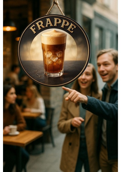 Frappe Temalı Yuvarlak Cafe Tabelası, Jüt İpli Ahşap Duvar & Kapı Dekoru, Barista Tarzı Retro Süs