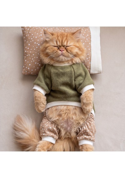 Latte & Matcha Kedi Rüyası Pamuklu Kedi Tulumu, Polar Sweatshirt Ve Mini Yastık 3 Parça