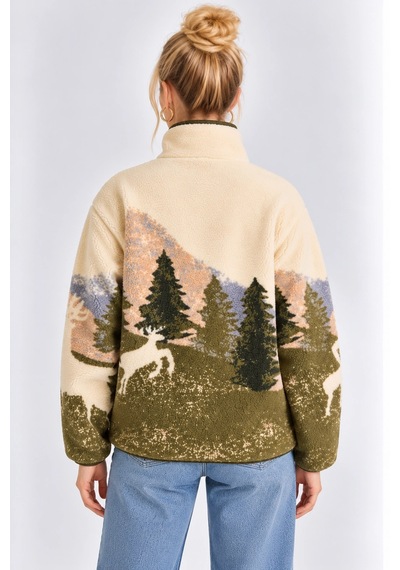 Mevese Cepli Ve Yarım Fermuarlı Dik Yaka Desenli Kadın Oversize Polar Sweat - Krem-yeşil Mevese Cepli Ve Yarım Fermuarlı Dik Yaka Desenli Kadın Oversize Polar Sweat - Krem-yeşil