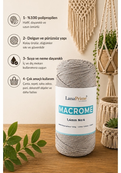 Lanaprime Makrome Örgü İpi 1,4mm 230mt Çanta İpi 200gr Polipropilen - Taş