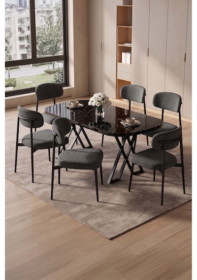 Robii 90x168 Siyah Mermer Mdf Masa, Metal X Ayak, Metal Polo Sandalye, 6 Kişilik Mutfak Masası Takımı Ve Yemek Masası Takımı Siyah Robii 90x168 Siyah Mermer Mdf Masa, Metal X Ayak, Metal Polo Sandalye, 6 Kişilik Mutfak Masası Takımı Ve Yemek Masası Takımı Siyah