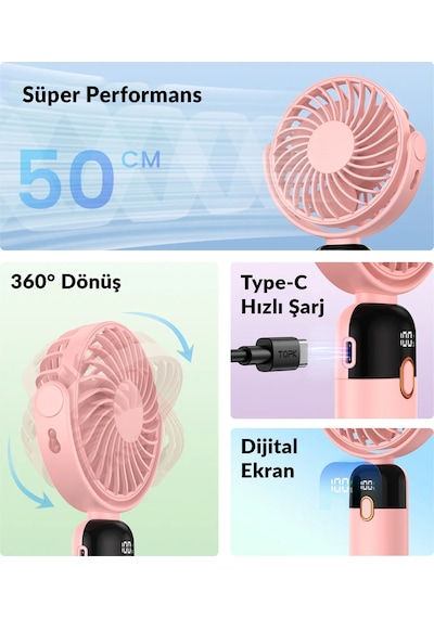 Warmco K70 Taşınabilir Şarjlı El Vantilatörü 2400mah 360 Döner Başlıklı Ve Standlı Dijital Ekranlı Soğutucu Fan Pembe