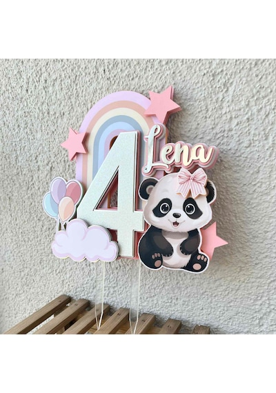 Panda Temalı Kız Çocuk Doğum Günü İsme Özel 3d Pasta Parti Süsü Cake Topper Çocuk