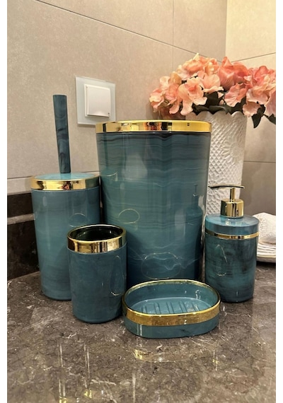 Makri Home Banyo Seti 5'li,akrilik-çöpkovası,wc Fırçalık,sıvı Sabunluk,diş Fırçalık,el Sabunluk,gold Renk Detay Yeşil
