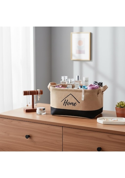 Deconox Dikdörtgen Jüt Düzenleyici Sepet 24x17x14 Cm Krem Renk Katlanabilir Kumaş Kulplu Organizer / Ev, Mutfa Diğer