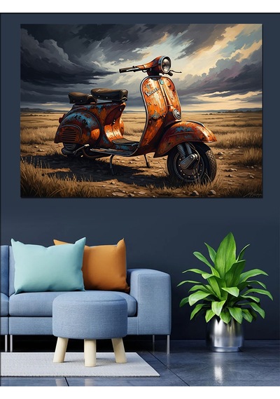 Ahşap Tablo Issız Yolda Turuncu Scooter Dekoratif Tablolar