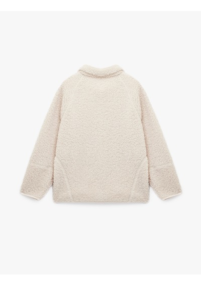 Koton Uzun Kollu Dik Yaka Cep Detaylı Fermuarlı Oversize Peluş Ceket Bej 6wmg60028ık Ekru