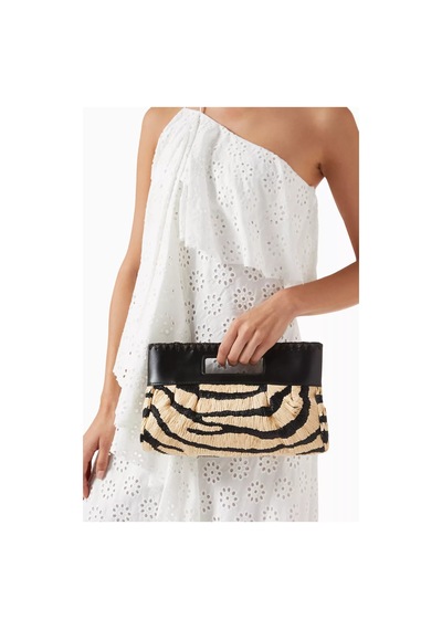 Staud Zebra Desenli Clutch Çanta, Rafya & Deri Lena , Çok Yönlü Şıklık El Çantası Siyah