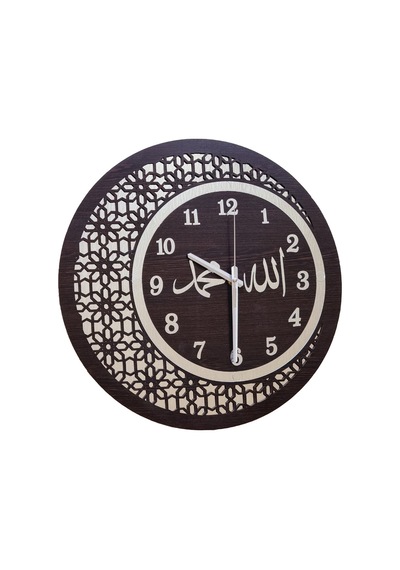Ahşap Ve Aynalı Allah-muhammed Motifli Normal Rakamlı Duvar Saati Gümüş