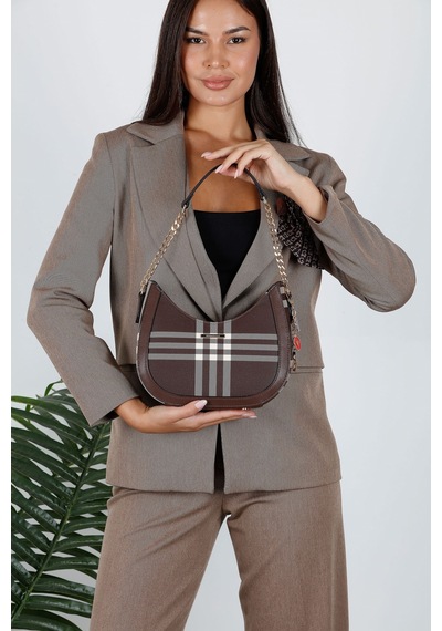 Silver & Polo Silver Polo Kahve - Kahve Çizgili Ekose Kadın Omuz Çantası Sp1168 Kahverengi
