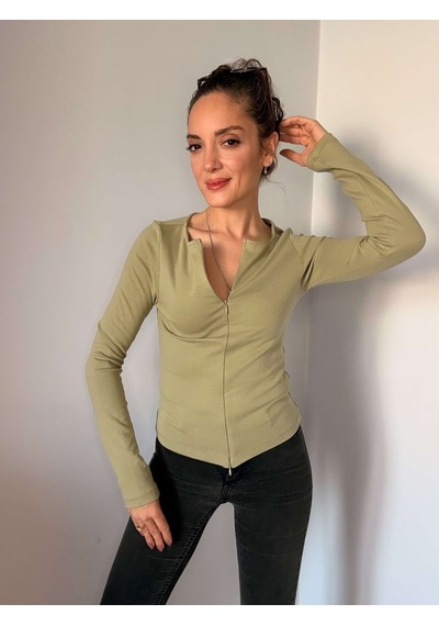 Ali Butik Çağla Çift Fermuarlı Uzun Kollu Bluz Çağla