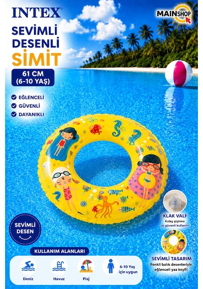 Mainshop Intex Şeffaf Baskılı Çocuk - Deniz Simidi 61 Cm 6-10 Yaş - Renkli Yüzme Simidi M-59242