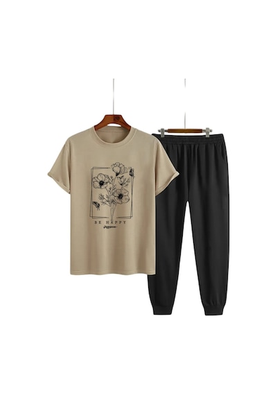 Uyguntarz Unisex Be Happy Tasarım Basklı Tshirt Eşofman Takımı Bej