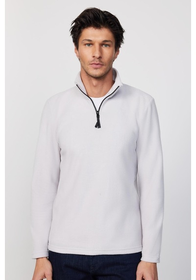 Tudors Erkek Dik Yaka Tüylenme Yapmayan Soğuk Geçirmez Standart Fit Rahat Kesim Polar Ekru Sweatshirt-30139-ekru Ekru