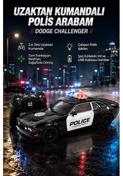 Dodge Challenger Tasarımlı 1:16 Ölçekli 2.4 Ghz Full Fonksiyon Şarjlı Uzaktan Kumandalı Polis Aracı Siyah
