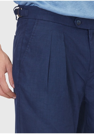 Ramsey Lacivert Düz Dokuma Carrot Fit Casual %100 Keten Bermuda