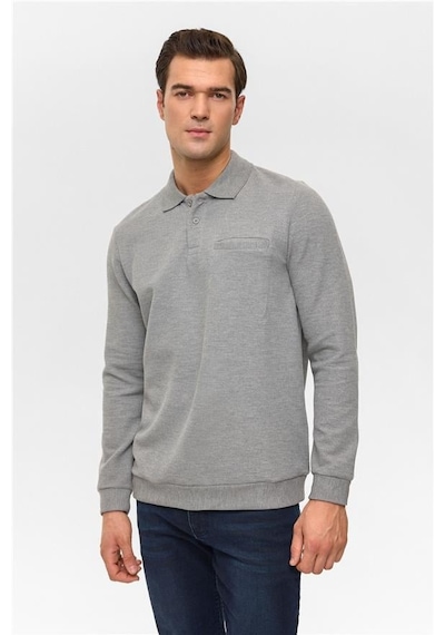 SÜVARİ Gri Regular Armürlü Polo Yaka Sweatshirt Gri