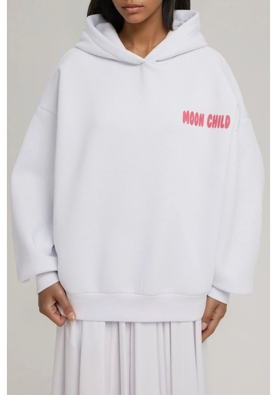 Hiccup Oversize Baskılı Kapüşonlu Sweatshirt Tozlu Beyaz