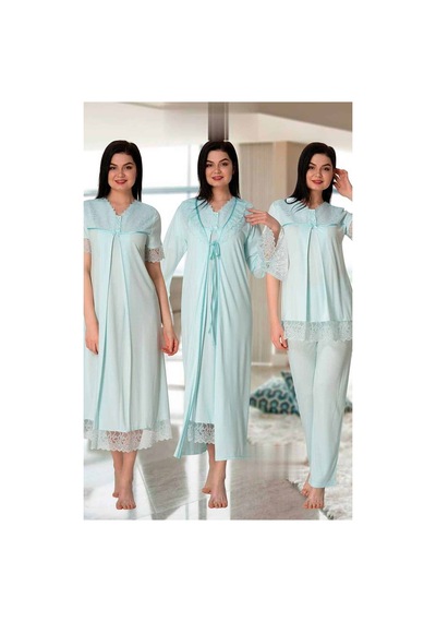 Blackmore Kadın Mavi Süslü Dantelli Lohusa Hamile Pijama 4'lü Set Mavi