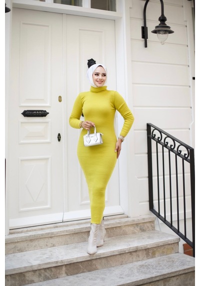 Hira Life Fashion Kadın Elbise Tesettür Giyim Balıkçı Yaka Ve Dar Kesim Triko Kalem Elbise Sarı Sarı Hira Life Fashion Kadın Elbise Tesettür Giyim Balıkçı Yaka Ve Dar Kesim Triko Kalem Elbise Sarı Sarı