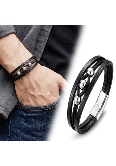 Moncuk Design Çelik Top Detaylı Siyah Deri Erkek Bileklik 33514b8d1