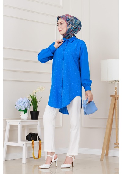 Sevitli Göğüsü Taş Detaylı Oversize Tunik-mavi-5228 Mavi