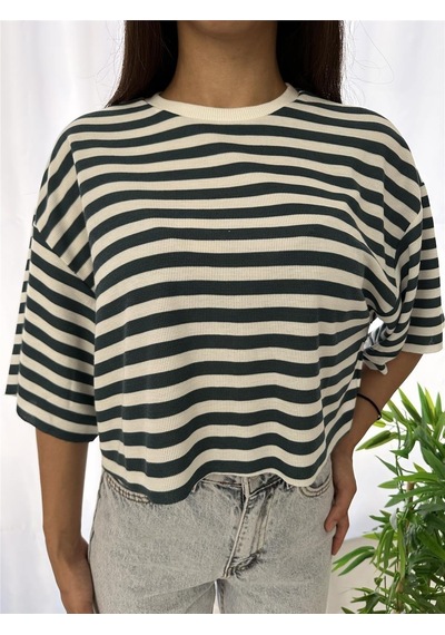Çizgili Yeşil Oversize Tshirt Yeşil