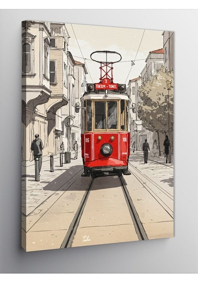 Kanvas Tablo Kırmızı Tramvay Sokak Manzarası 50cmx70cm
