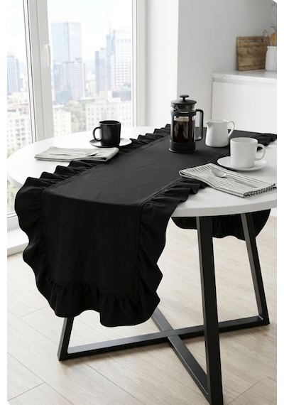 Naturel Siyah Fırfırlı Keten Runner - 40x110 Cm