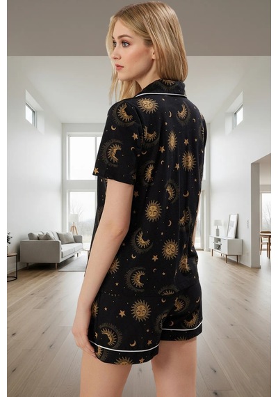 Ersefa Rahat Pamuklu Pijama Takımı Galaksi Desenli Şortlu Set Modern Sti Siyah