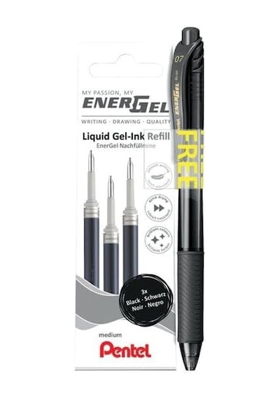 Energel Mekanizmalı Likit Roller Kalem + 3 Adet Yedek - Siyah Siyah 124-Pembe