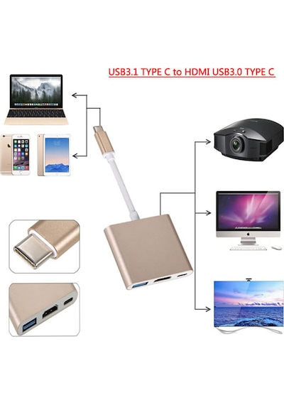 Wozlo Apple Uyumlu iPad Pro 12.9 inç A1876 A1895 Type-C To Hdmi + USB 3.0 Çevirici Dönüştürücü Kablo Gold