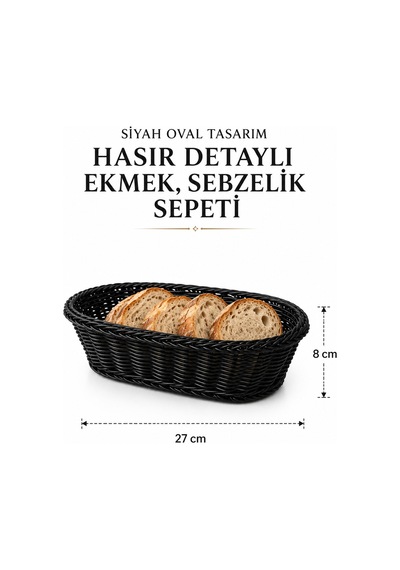 Siyah Oval Tasarım Hasır Detaylı Ekmek, Sebzelik Sepeti 27x 8 Cm