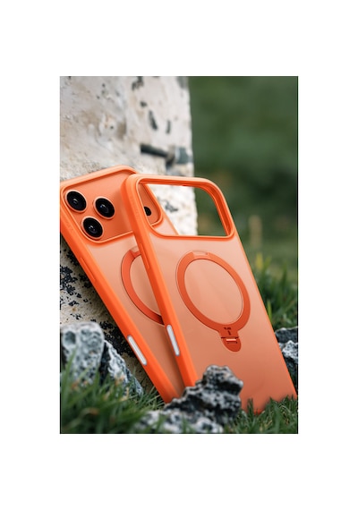 Torras Apple iPhone Uyumlu 17 Pro O Stand Spin Serisi Magsafe Kılıf Turuncu