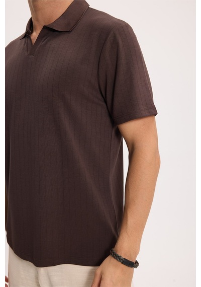 Tudors Erkek Slim Fit Dar Kesim Pamuklu Kısa Kollu Çizgili Kahverengi Polo V Yaka Tişört-51126