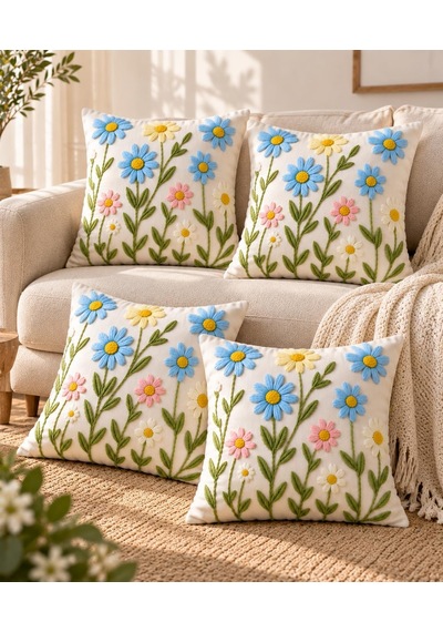 4'lü Set Çiçekli Dekoratif Kırlent Kılıfı 43x43 Cm, 3d Efektli Dijital Baskılı - Papatya Esintisi Çok Renkli