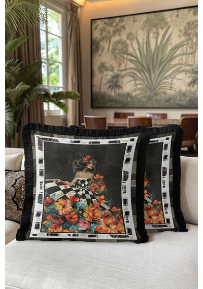 Çiçekli Retro Sanat Saçaklı Yastık Kılıfı - Kadın Figürlü Bohem Siyah Renkli Püsküllü Kırlent Kılıfı Mat Fırtına Pembe Çiçekli Retro Sanat Saçaklı Yastık Kılıfı - Kadın Figürlü Bohem Siyah Renkli Püsküllü Kırlent Kılıfı Mat Fırtına Pembe