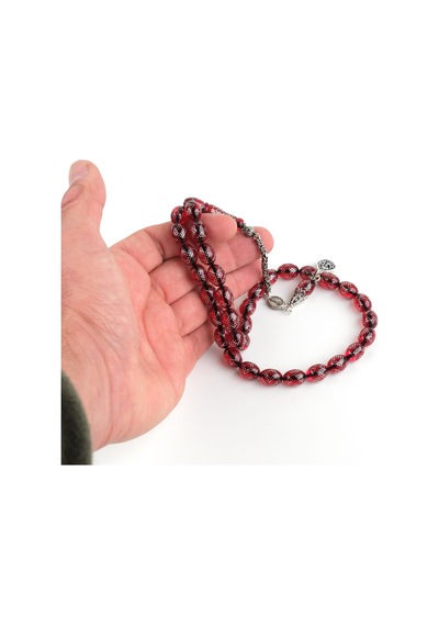 Ateş Kehribar 925ayar Gümüş Çakım Ve Püskül Beyzi Kesim 8.5x12mm Tesbih Kırmızı