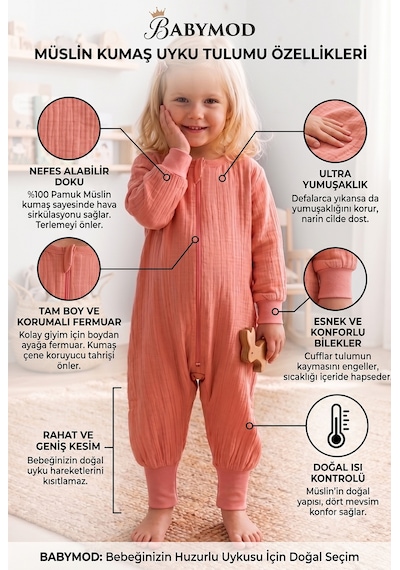 Baby Mod Müslin Uyku Tulumu 1.0 Tog Çocuk Yazlık Uyku Tulumu Uyku Gurusu %100pamuk Doğal Kumaş Tarçın Baby Mod Müslin Uyku Tulumu 1.0 Tog Çocuk Yazlık Uyku Tulumu Uyku Gurusu %100pamuk Doğal Kumaş Tarçın