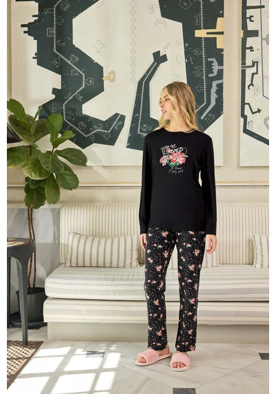 Aydoğan Kadın Ezgi Flexible You're Loved Siyah Pijama Takım 0627 Siyah