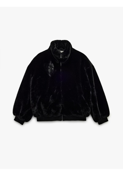 Koton Fermuarlı Dik Yaka Cepli Suni Kürk Peluş Oversize Crop Mont Siyah 6wak00004ew Siyah