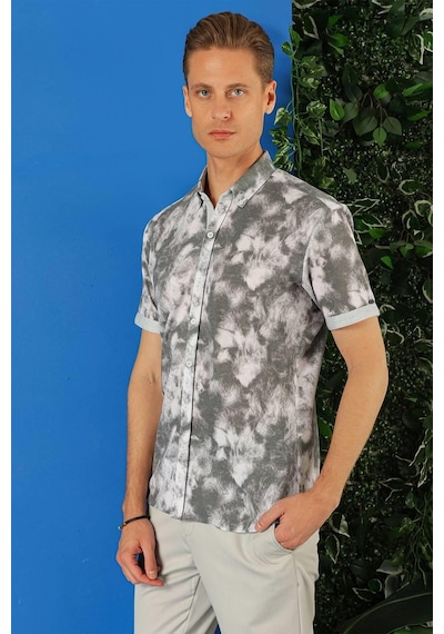 Efor Slim Fit Düğmeli Yaka Batik Desenli Kısa Kol Pamuk Gri Gömlek G 1502 Gri