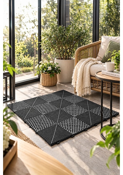 Porsima 0775 Antrasit Geçmeli Plastik Yer Karosu 4'lü Set Kaymaz Izgaralı Balkon, Banyo & Teras Zemin Karo 40x40 Cm