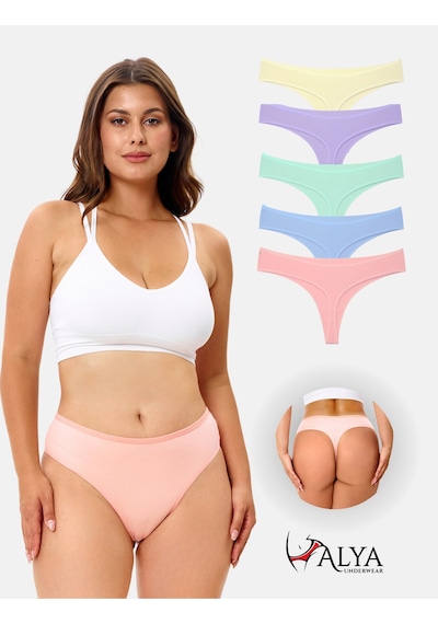 Alya Underwear Kadın Bato Tanga Pamuklu Külot, Büyük Beden String, 5'li Paket- 2 Siyah, 1 Beyaz, 2 Ten P15
