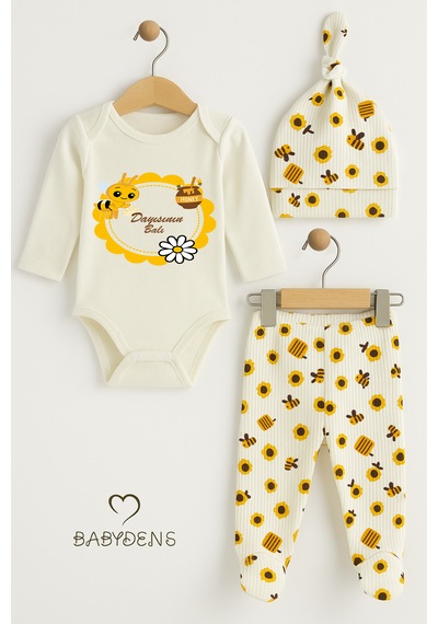 Babyden's Dayısının Balı Yazılı 3 Lü Takım Uzun Kollu Body, Patikli Alt Ve Şapka ,arılı Çiçek Desenli Bebek Takımı Ekru