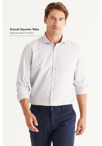 AC&Co / Altınyıldız Classics Erkek GRI Kolay Ütülenebilir Slim Fit Dar Kesim İtalyan Yaka Armürlü Gömlek Gri