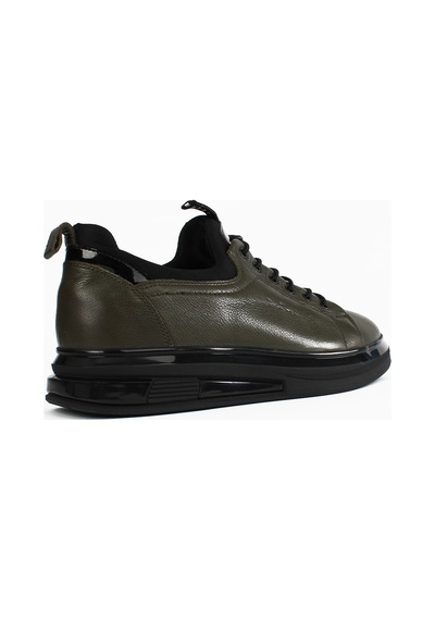 Erkek Haki Bağcıklı Kalın Tabanlı Deri Sneaker siyah