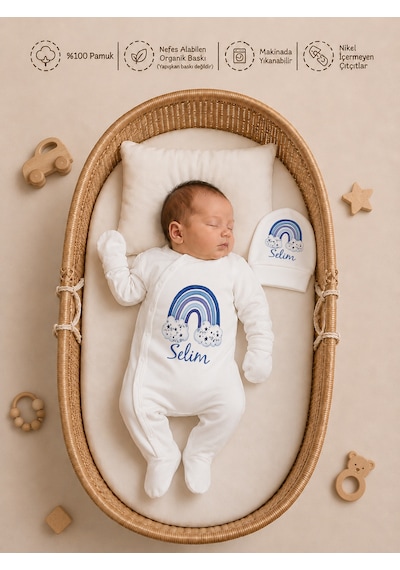 Pia Baby İsme Özel %100 Pamuk Erkek Bebek Yastık Battaniyeli Tulum Set Kese Hediyeli 1101tybkyx Krem