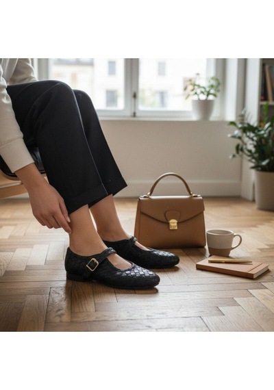 Ne&ve Shoes Kahve Hakiki Deri Örgü Detaylı Tokalı Kaddın Yuvarlak Burun Babet Siyah