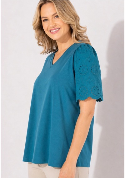Mamayaga Kadın V Yaka Kolları Güpürlü Curve Büyük Beden Spor Şık %100 Cotton Tshirt Bluz Petrol Mavi Mamayaga Kadın V Yaka Kolları Güpürlü Curve Büyük Beden Spor Şık %100 Cotton Tshirt Bluz Petrol Mavi